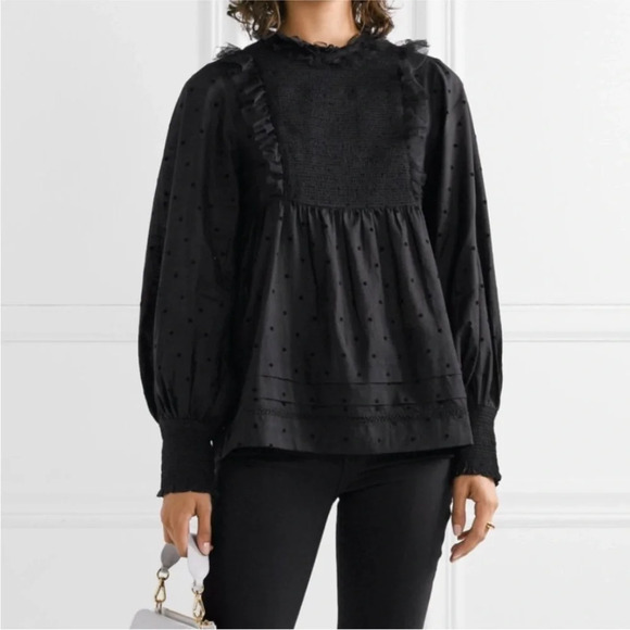 THE GREAT. The Portrait Tulle-Trimmed Flocked Cotton-Blend Voile Smocked Blouse - Picture 16 of 16